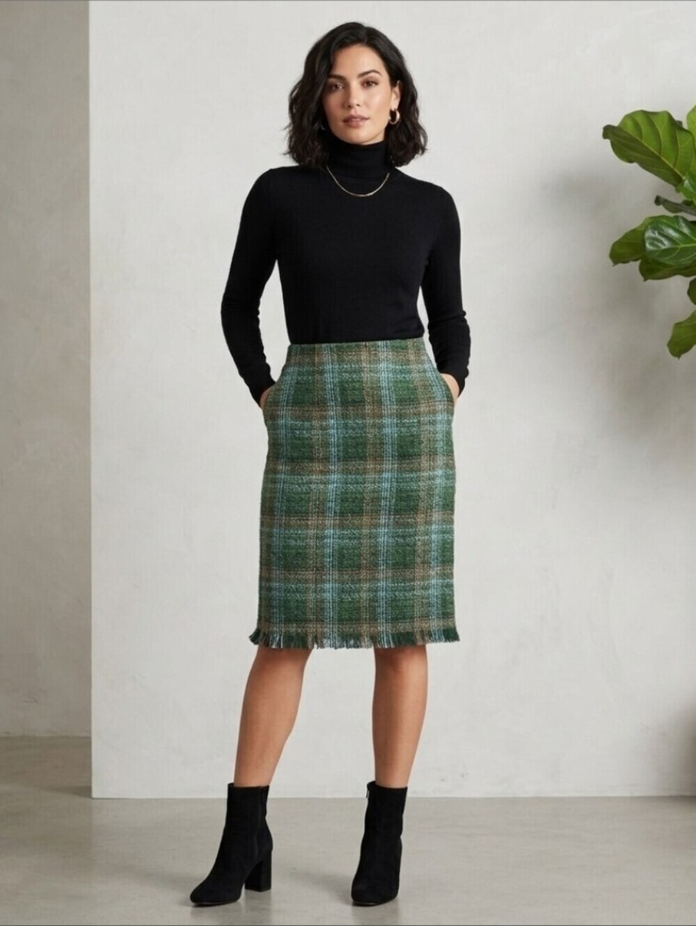 Harve' Benard Green Plaid Wool Tweed Pencil Skirt Fringe Hem Size 8 NWT